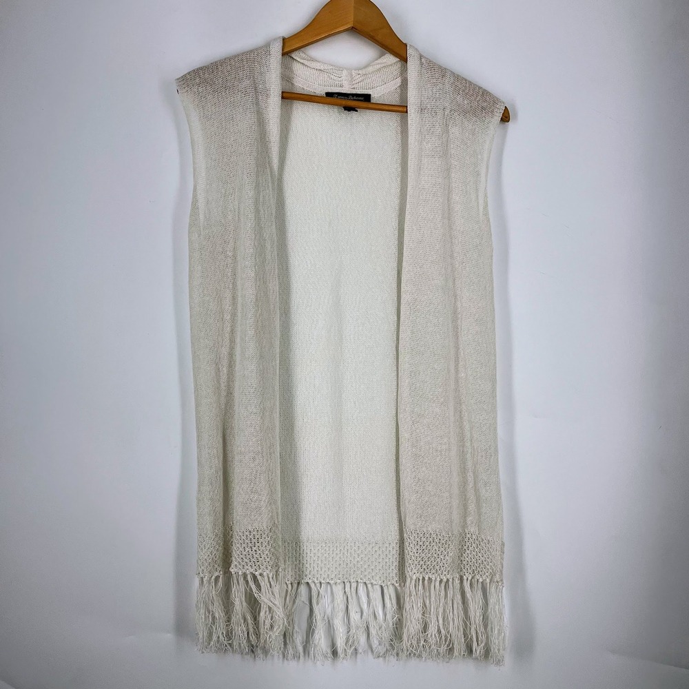 Tommy Bahama Womens Linen Blend Fringe Open Front Longline Vest Cardigan Size S